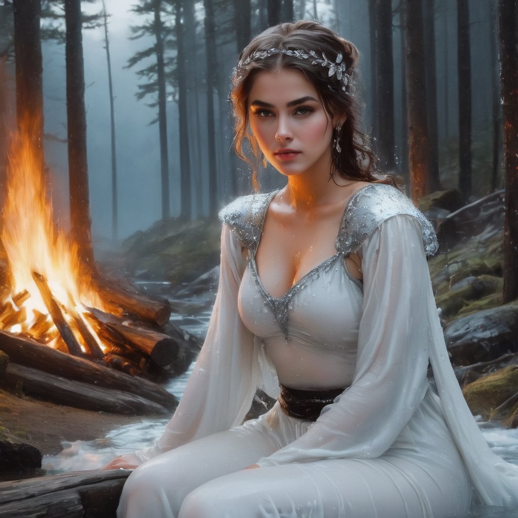 Painting (sparth:0.8) and (Arthur Rackham:1.3) portrait of (Helena the Scholar) with shoulder covered, wearing (elastic top:1.8) with (crystals:1.5), sitting (alone) by the fire in the night forest, (back to camera:2),
stunning and bright white background, Tanya Shatseva, Gabriele Del Otto, Frank Frazetta,
Midjourney AI style, ((wet clothes, wet hair, bathing in water, face focused, skin pores : 1.5)),soakingwetclothes