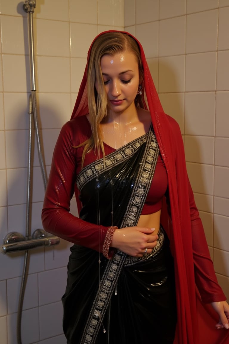 A norwegian woman standing in a tiled room. Her eyes closed in a moment of serenity. She wears wet slimy indian traditional black bridal saree with white traditional embroidary design, full sleeve red bouse with pattened design, wet dupatta as a veil, and very light brown hair, bathing with shampoo. Shampoo in hair. Soap flowing through clothes. wet red bridal veil .saree that clings to her body. The scene is illuminated by the soft, warm light of the room, highlighting the water droplets on her skin. The composition captures her relaxed pose, with the water flowing down her form, creating a sensual and intimate atmosphere. The background features a tiled room with steam rising, adding to the ambiance.,Fetishwet,wet_hair,Wet,covered in oil,covered in mud,wam,wet clothes,pouring oil,wetlook,pouring oil