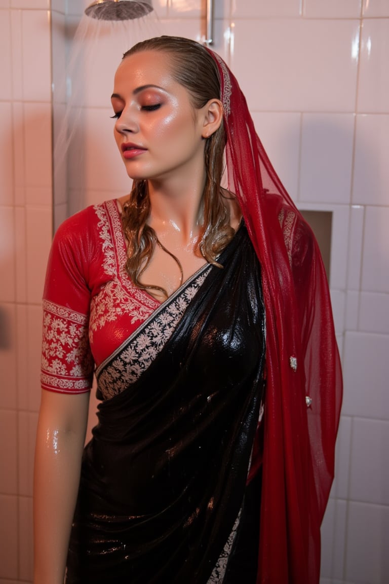 A woman standing in a tiled room. Her eyes closed in a moment of serenity. She wears wet slimy indian traditional black bridal saree with white traditional embroidary design, full sleeve red bouse with pattened design, wet dupatta as a veil, and very light brown hair, bathing with shampoo. Shampoo in hair. Soap flowing through clothes. wet red bridal veil .saree that clings to her body. The scene is illuminated by the soft, warm light of the shower, highlighting the water droplets on her skin. The composition captures her relaxed pose, with the water flowing down her form, creating a sensual and intimate atmosphere. The background features a tiled shower with steam rising, adding to the ambiance.,Fetishwet,wet_hair,Wet,covered in oil,covered in mud,wam,wet clothes,pouring oil,wetlook,pouring oil