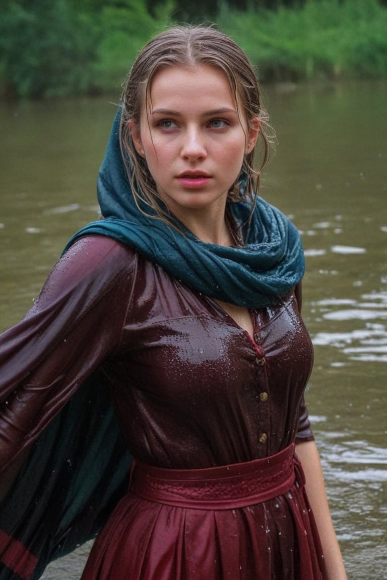 (wet clothes, wet hair, wet, wet face, wet skin,  : 1.4 ),(Chiaroscuro Solid colors background),( Beautiful wet German queen ),(greater details in definitions of face and eyes), (realistic and detailed wet skin textures), (extremely clear image, UHD, resembling realistic professional photographs, film grain), beautiful wet blonde hair,beautiful blue iris, ((wearing Baroque-style crimson dirndl ballgowns, royal cloak, clothes with vibrant colors, holding a shawl on hand, submerge,  hugging, very wet drenched hair, wet face:1.2)), infused with norwegian elements. The dress combines intricate lace and embroidery with colorful ballgown-inspired patterns. A wide obi belt cinches her waist, while puffed sleeves and delicate accessories complete the look, showcasing a striking fusion of cultures.,ct-drago
.
, soakingwetclothes, wet clothes, wet hair, Visual Anime,art_booster,anime_screencap,fake_screenshot,anime coloring