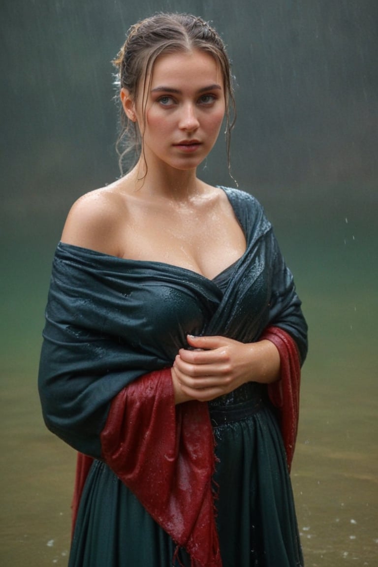 (wet clothes, wet hair, wet, wet face, wet skin, full body  : 1.4 ),(Chiaroscuro Solid colors background),( Beautiful wet German queen with a shawl on her shoulder ),(greater details in definitions of face and eyes), (realistic and detailed wet skin textures), (extremely clear image, UHD, resembling realistic professional photographs, film grain), beautiful wet blonde hair,beautiful blue iris, ((wearing Baroque-style crimson dirndl ballgowns, veiled royal cloak, clothes with vibrant colors, holding a shawl on hand, submerge,  hugging, very wet drenched hair, wet face:1.2)), infused with norwegian elements. The dress combines intricate lace and embroidery with colorful ballgown-inspired patterns. A wide obi belt cinches her waist, while puffed sleeves and delicate accessories complete the look, showcasing a striking fusion of cultures.,ct-drago
.
, soakingwetclothes, wet clothes, wet hair, Visual Anime,art_booster,anime_screencap,fake_screenshot,anime coloring