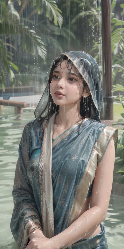 wet hair,SoakingWetClothes, wet hair, SoakingWetClothes, ((wet clothes, wet hair, bathing in water, face focused, skin pores, saree, detail face, heavy rain )), wet hair, girl wearing indian saree, aliabhatt, SoakingWetClothes