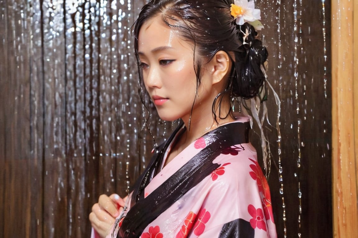 photo of japanese idol, looking away, kimono,   (((wet clothes, wet hair, wet skin, wet, soaked, clothes cling to skin:1.2)),soakingwetclothes