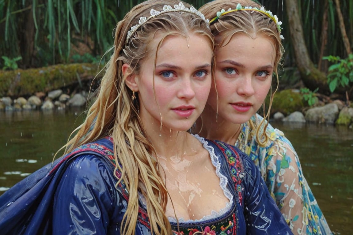 (wet clothes, wet hair, wet, wet face, wet skin,  : 1.4 ),(two Beautiful German queen ),(greater details in definitions of face and eyes), (realistic and detailed skin textures), (extremely clear image, UHD, resembling realistic professional photographs, film grain), beautiful blonde hair,beautiful blue iris, ((wearing Baroque-style dirndl ballgowns and royal cloak with vibrant colors, submerge, two girls hugging, very wet drenched hair, wet face:1.2)), infused with norwegian elements. The dress combines intricate lace and embroidery with colorful ballgown-inspired patterns. A wide obi belt cinches her waist, while puffed sleeves and delicate accessories complete the look, showcasing a striking fusion of cultures.,ct-drago
.
, soakingwetclothes, wet clothes, wet hair, Visual Anime,art_booster,anime_screencap,fake_screenshot,anime coloring