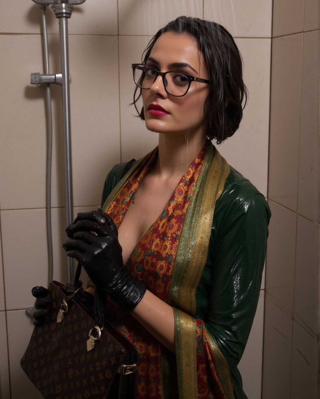 A photo of a wet soaked woman standing under a shower. teacher  in saree and full sleeve blouse and shawl, clings to her body. Her short bobbed hair frames her bespectacled face. Wet clothes, tinted black eyes, and pursed lips convey a sense of reserve. She holds a Louis Vuitton handbag with both hands, wearing leather gloves,Wetfetish,Fetishwet