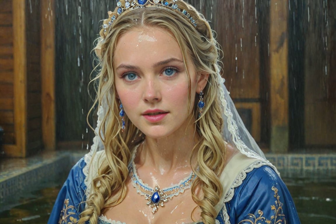 (wet clothes, wet hair, wet, wet face, wet skin,  : 1.4 ),(two Beautiful German queen ),(greater details in definitions of face and eyes), (realistic and detailed skin textures), (extremely clear image, UHD, resembling realistic professional photographs, film grain), beautiful blonde hair,beautiful blue iris, ((wearing Baroque-style dirndl ballgowns and royal cloak with vibrant colors, sitting on a throne, very wet drenched hair, wet face:1.2)), infused with norwegian elements. The dress combines intricate lace and embroidery with colorful ballgown-inspired patterns. A wide obi belt cinches her waist, while puffed sleeves and delicate accessories complete the look, showcasing a striking fusion of cultures.,ct-drago
.
, soakingwetclothes, wet clothes, wet hair, Visual Anime,art_booster,anime_screencap,fake_screenshot,anime coloring