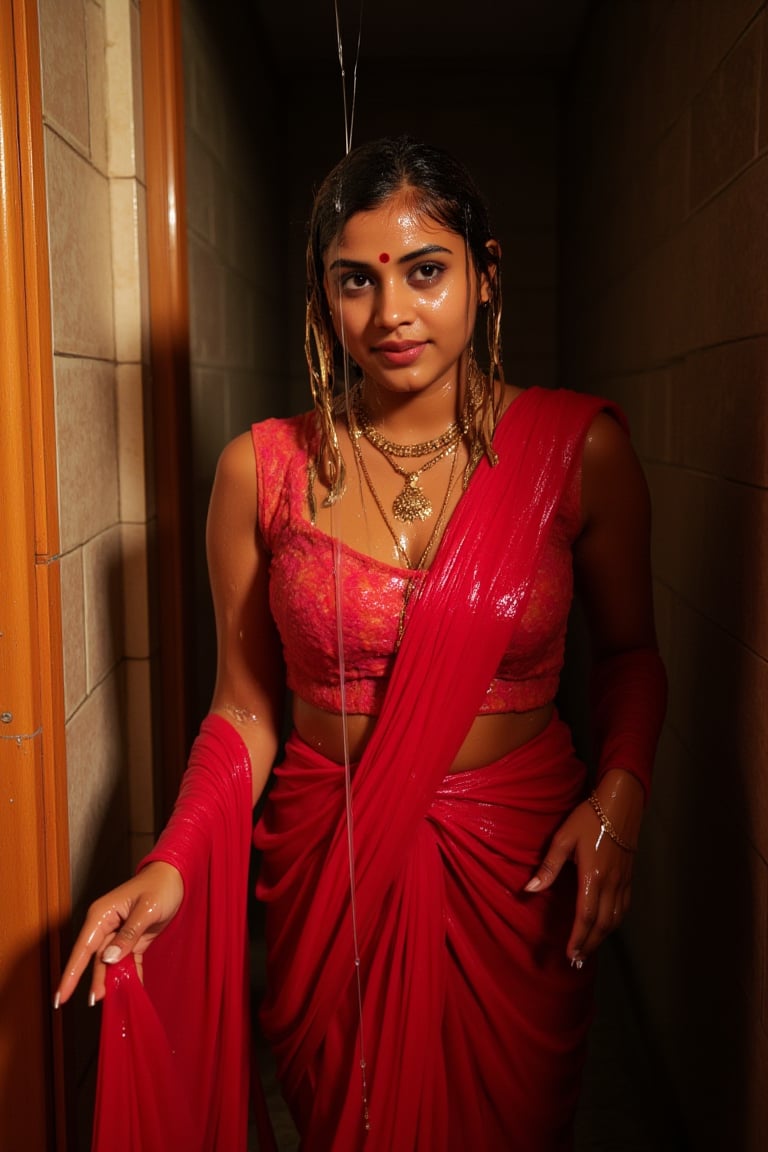 detailed soaking wet indian woman in her 20s wearing wet slimy indian bridal saree and jewelery , detailed wet slimy red bridal saree, detailed gold jewelery , full body image . The soft light illuminates the left side of the frame, casting a flattering glow on her serene expression.,Fetishwet,Wet,covered in oil,covered in mud,wam,wet clothes,pouring oil,wetlook,pouring oil, the girl is completely doused with transparent slimes, 