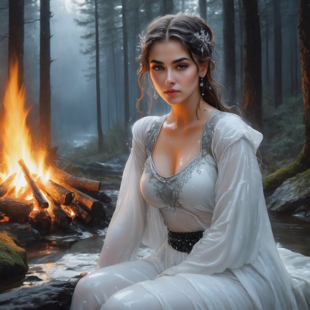 Painting (sparth:0.8) and (Arthur Rackham:1.3) portrait of (Helena the Scholar) with shoulder covered, wearing (elastic top:1.8) with (crystals:1.5), sitting (alone) by the fire in the night forest, (back to camera:2),
stunning and bright white background, Tanya Shatseva, Gabriele Del Otto, Frank Frazetta,
Midjourney AI style, ((wet clothes, wet hair, bathing in water, face focused, skin pores : 1.5)),soakingwetclothes