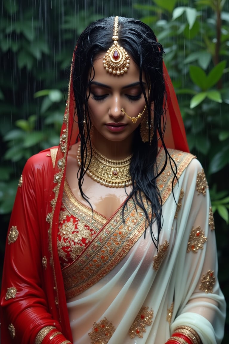 (wet clothes, wet hair, wet face, wet skin, slimy clothes, slimy skin, slimy hair ) 

(wet clothes, wet hair, wet face, wet skin, slimy hair, slimy skin, slimy clothes) 

torrential rain, face focused, damp, a drenched Bride in a richly embroidered white bridal saree paired by red bridal veil and jewelry drenched, adorned with intricate gold patterns. She also wears a full sleeve long blouse with intricate design.  dress looks clingy, wrinkled or limp, and glossy, with fabric adhering closely to the skin due to the weight of the water. water changes its reflectivity. soft lighting, a celebratory atmosphere despite the rain. water cascading clothes hair skin. darker and shinier fabric texture in rain.



4K, RAW, masterpiece, soakingwetclothes, wetlook, high definition, wet fashion photography.,Fetishwet,FluxGothicRealnime,Wetfetish