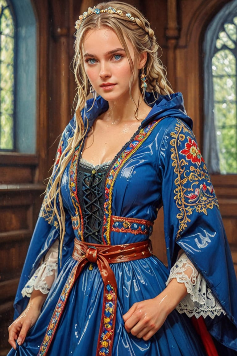 (wet clothes, wet hair, wet, wet face, wet skin,  : 1.4 ),(Beautiful German girl),(greater details in definitions of face and eyes), (realistic and detailed skin textures), (extremely clear image, UHD, resembling realistic professional photographs, film grain), beautiful blonde hair,beautiful blue iris, ((wearing a Baroque-style dirndl ballgown and royal cloak with vibrant colors:1.2)), infused with norwegian elements. The dress combines intricate lace and embroidery with colorful ballgown-inspired patterns. A wide obi belt cinches her waist, while puffed sleeves and delicate accessories complete the look, showcasing a striking fusion of cultures.,ct-drago
.
, soakingwetclothes, wet clothes, wet hair, Visual Anime,art_booster,anime_screencap,fake_screenshot,anime coloring