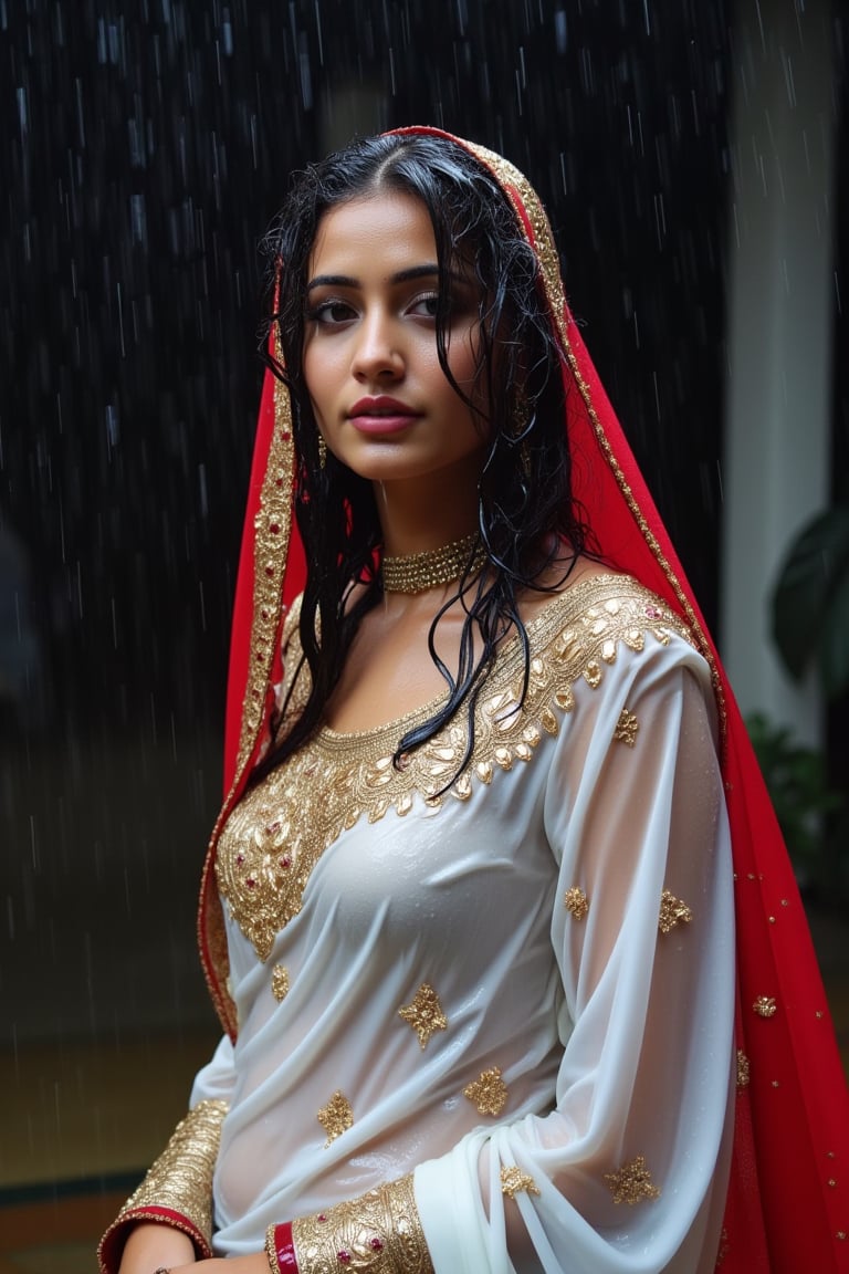 (wet clothes, wet hair, wet face, wet skin, slimy clothes, slimy skin, slimy hair ) 

(wet clothes, wet hair, wet face, wet skin, slimy hair, slimy skin, slimy clothes) 

torrential rain, face focused, damp, a drenched Bride in a richly embroidered white bridal saree paired by red bridal veil and jewelry drenched, adorned with intricate gold patterns. She also wears a full sleeve long blouse with intricate design.  dress looks clingy, wrinkled or limp, and glossy, with fabric adhering closely to the skin due to the weight of the water. water changes its reflectivity. soft lighting, a celebratory atmosphere despite the rain. water cascading clothes hair skin. darker and shinier fabric texture in rain.



4K, RAW, masterpiece, soakingwetclothes, wetlook, high definition, wet fashion photography.,Fetishwet,FluxGothicRealnime,Wetfetish