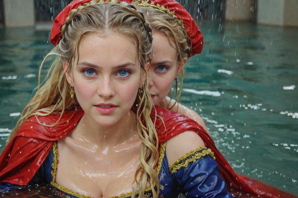 (wet clothes, wet hair, wet, wet face, wet skin,  : 1.4 ),(two Beautiful German queen ),(greater details in definitions of face and eyes), (realistic and detailed skin textures), (extremely clear image, UHD, resembling realistic professional photographs, film grain), beautiful blonde hair,beautiful blue iris, ((wearing Baroque-style crimson dirndl ballgowns and veiled royal cloak with vibrant colors, submerge, two girls hugging, very wet drenched hair, wet face:1.2)), infused with norwegian elements. The dress combines intricate lace and embroidery with colorful ballgown-inspired patterns. A wide obi belt cinches her waist, while puffed sleeves and delicate accessories complete the look, showcasing a striking fusion of cultures.,ct-drago
.
, soakingwetclothes, wet clothes, wet hair, Visual Anime,art_booster,anime_screencap,fake_screenshot,anime coloring