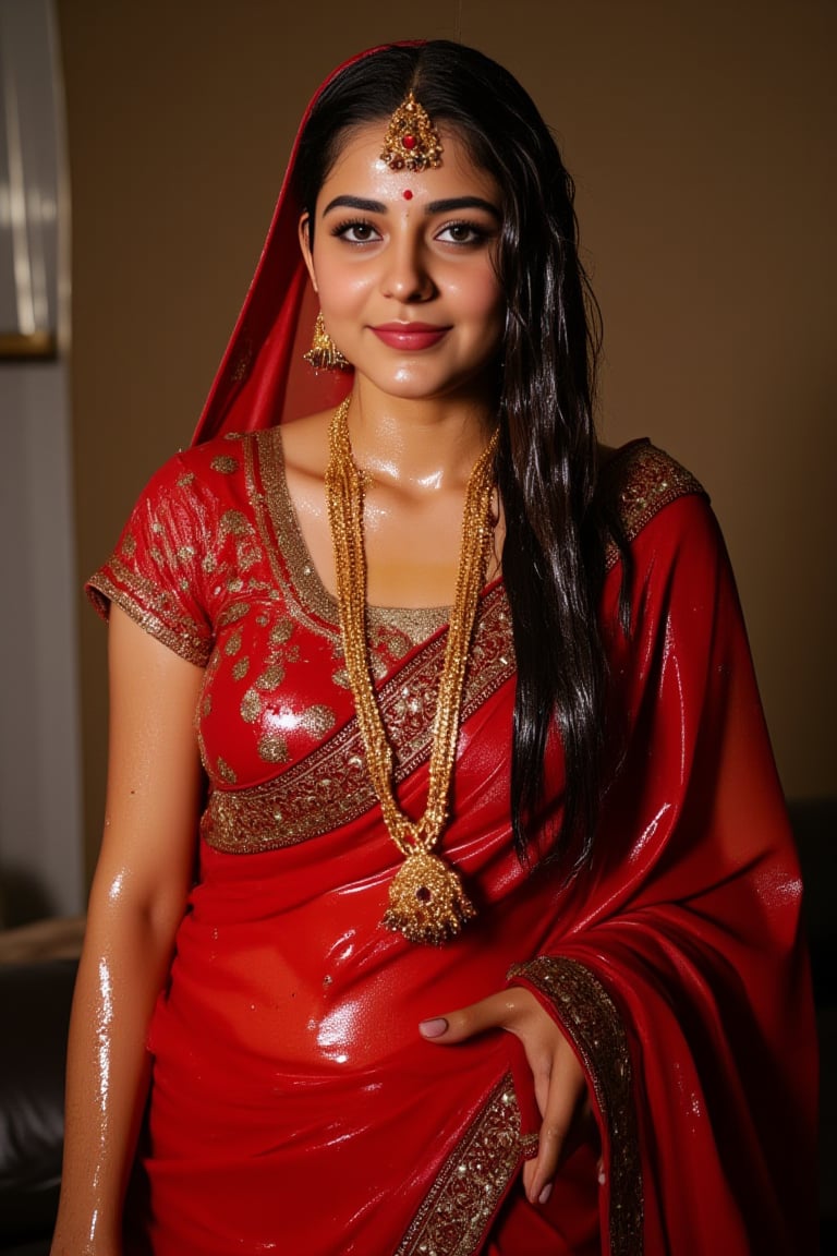 detailed soaking wet indian woman in her 20s wearing wet slimy indian bridal saree, bridal vail, and jewelery , detailed wet slimy red bridal saree, detailed gold jewelery , full body image . The soft light illuminates the left side of the frame, casting a flattering glow on her serene expression.,Fetishwet,Wet,covered in oil,covered in mud,wam,wet clothes,pouring oil,wetlook,pouring oil, the girl is completely doused with transparent slimes, 