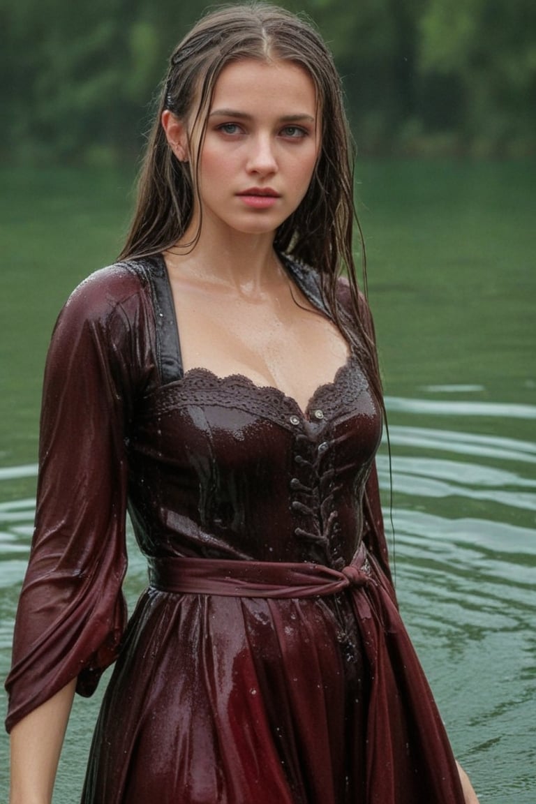 (wet clothes, wet hair, wet, wet face, wet skin, full body  : 1.4 ),(Chiaroscuro Solid colors background),( Beautiful wet German queen ),(greater details in definitions of face and eyes), (realistic and detailed wet skin textures), (extremely clear image, UHD, resembling realistic professional photographs, film grain), beautiful wet blonde hair,beautiful blue iris, ((wearing Baroque-style crimson dirndl ballgowns, royal cloak, clothes with vibrant colors, holding a shawl on hand, submerge,  hugging, very wet drenched hair, wet face:1.2)), infused with norwegian elements. The dress combines intricate lace and embroidery with colorful ballgown-inspired patterns. A wide obi belt cinches her waist, while puffed sleeves and delicate accessories complete the look, showcasing a striking fusion of cultures.,ct-drago
.
, soakingwetclothes, wet clothes, wet hair, Visual Anime,art_booster,anime_screencap,fake_screenshot,anime coloring