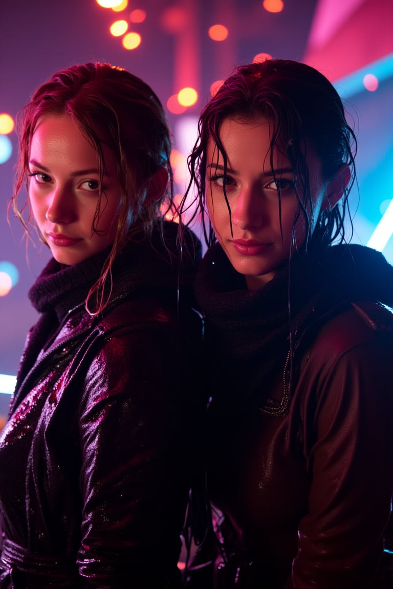 art by ilya kuvshinov and Yanjun Cheng, art by brandon woelfel, instagram photo of, (Twins:1.1) , Iphone X, Selective focus, Vibrant Color, bokeh, lights in the background, geeky, feminine, high contrast, dark background, soft color scheme, messy hair, dressed up as nerds, wet heavy jackets and wet scarf. wet, soakingwet, 
.,Fetishwet,wet_hair,Wet,covered in oil,covered in mud,wam,wet clothes,pouring oil,wetlook,pouring oil, 