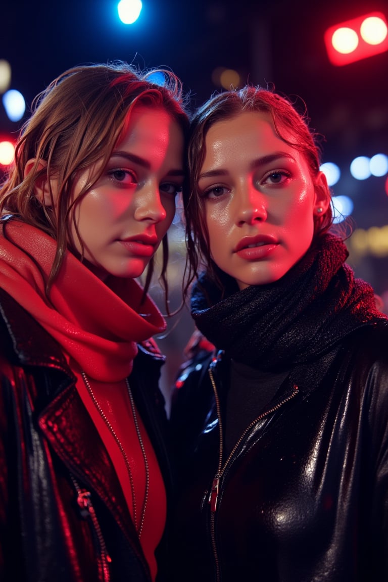 art by ilya kuvshinov and Yanjun Cheng, art by brandon woelfel, instagram photo of, (Twins:1.1) , Iphone X, Selective focus, Vibrant Color, bokeh, lights in the background, geeky, feminine, high contrast, dark background, soft color scheme, messy hair, dressed up as nerds, wet heavy jackets and wet scarf. wet, soakingwet, 
.,Fetishwet,wet_hair,Wet,covered in oil,covered in mud,wam,wet clothes,pouring oil,wetlook,pouring oil, 