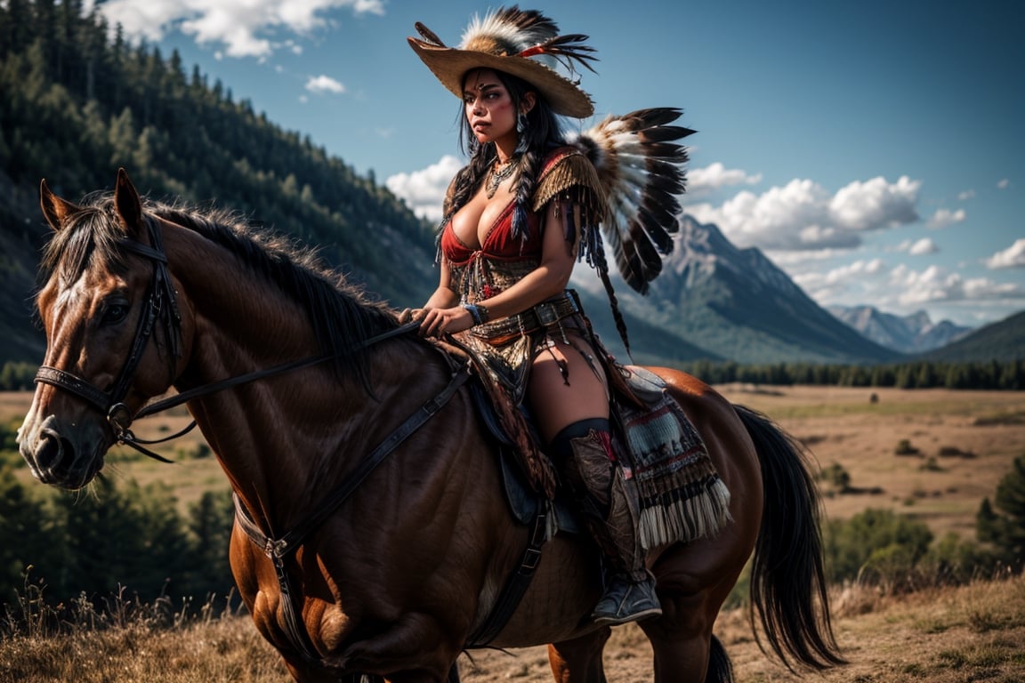 long shot , Native Americans girl, full body ,on horseback , tribal chief, hat made with eagle feathers, epic, serious face, redneck makeup face, masterpiece, high detail, redneck dress, big breasts , super sexy,the mountain ,Hawk,perfecteyes