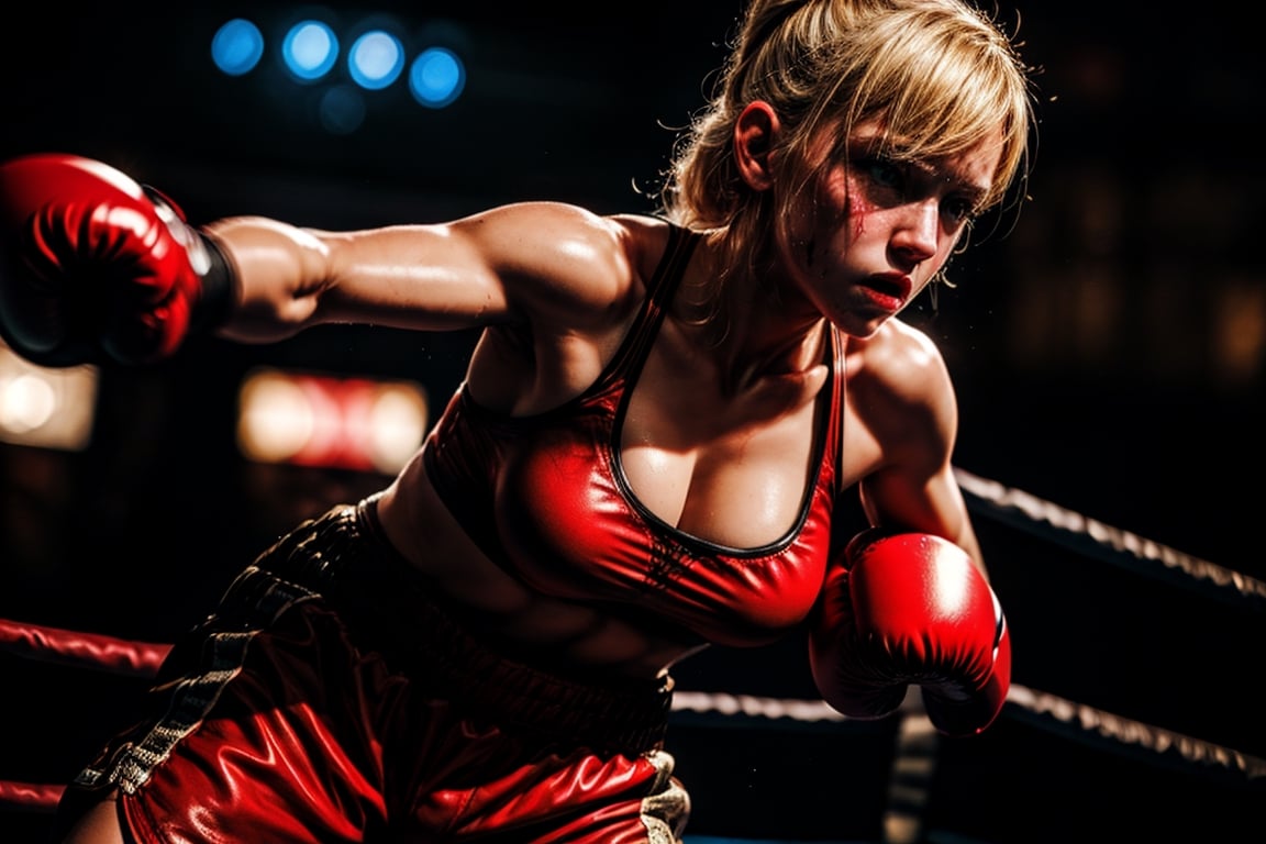 close view ,Boxer girl,hot blonde girl , boxing gloves, warrior, fighting ring, low light, , big breasts, serious face, bloody face, hands in guard,blurry_light_background , hot , sexy , 