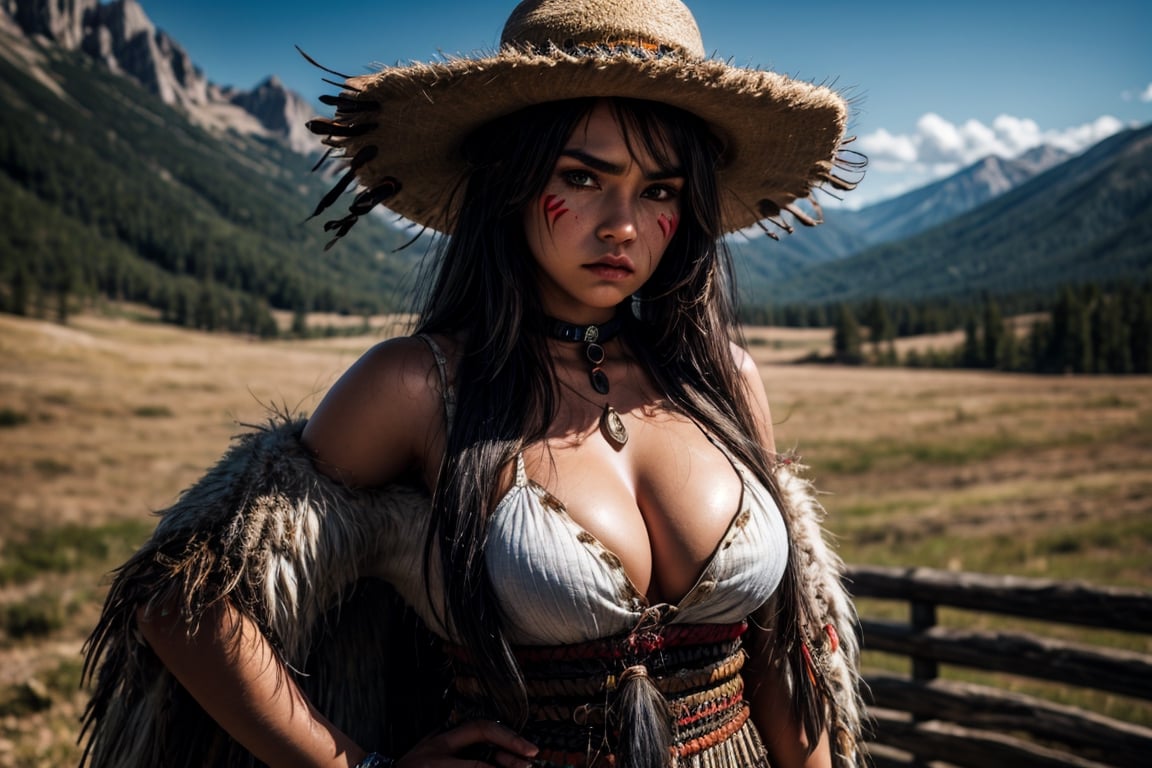 long shot , Native Americans girl, full body ,tribal chief, hat made with eagle feathers, epic, serious face, redneck makeup face, masterpiece, high detail, redneck dress, big breasts , super sexy,the mountain ,perfecteyes , horse