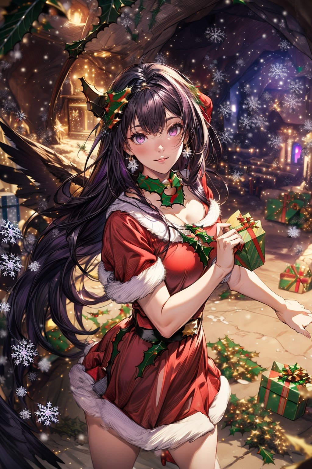 (((1 adult woman))), (((Father Christmas:1.2))),
BREAK
 (beautiful, mystical, intricate, detailed, dark look)), 
BREAK
((( dark black horns:1.3))) ,    (((purple eye:1.4))) , 
BREAK
(((black hair:1.7))), (((red inner hair:1.5))), (((long hair:1.2))), 
BREAK
(((dress:1.8)))(((earring:1.2))),(((1 point rose hair accessory:1.3))),
BREAK
(((black wing:1.5))),thigh, (((devil tail))),
BREAK
BREAK
masterpiece, best quality, ultra detailed, high-resolution, extremely detailed CG
unity 8k wallpaper, extremely detailed CG,
BREAK 
super fine illustration, beautiful artwork, 
BREAK
highly detailed background, detailed beautiful face and eyes, 
BREAK
(((Xmas:1.8))),(((Cave House:1.8)))