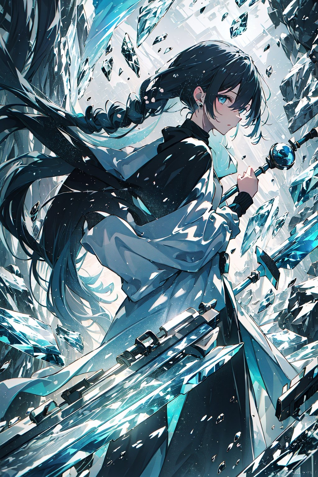 (((long hair:1.4))), beautiful eyes, ice scythe , ice World,	black hair , dark blue shadow screen