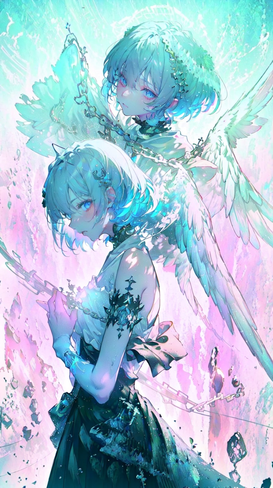 [[[1girl:0.7]]], (fallen angel), angel wing, [[light eyes]],random color, sickness ART, break, Craft an image of a delicate, ethereal anime character with a softer contrast. creating a sense of depth without harshness. Her eyes, drawn with the fragility of pencil strokes, convey a wistful, ephemeral quality, as if they might vanish at a moment's notice. The attire, inspired by gothic fashion, is rendered in lighter tones to maintain the delicate theme, with textures suggested by the lightest touch of the artist's hand, rather than defined by stark lines.