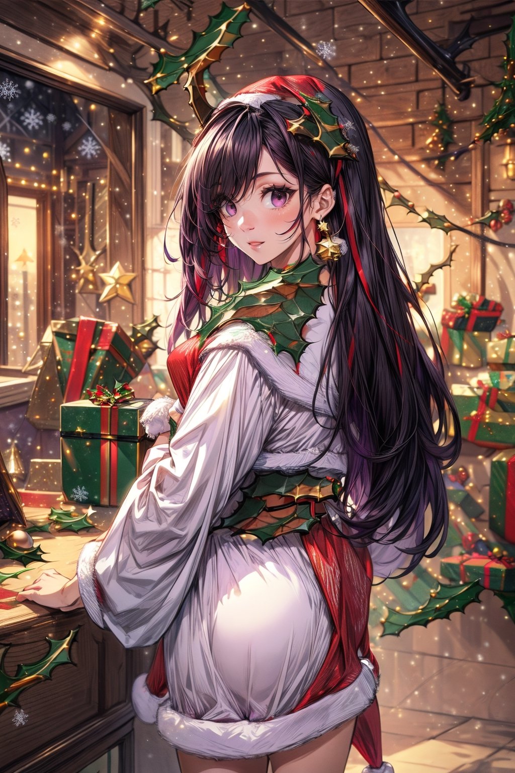 (((1 adult woman))), (((Father Christmas:1.2))),
BREAK
 (beautiful, mystical, intricate, detailed, dark look)), 
BREAK
((( dark black horns:1.3))) ,    (((purple eye:1.4))) , 
BREAK
(((black hair:1.7))), (((red inner hair:1.5))), (((long hair:1.2))), 
BREAK
(((dress:1.8)))(((earring:1.2))),(((1 point rose hair accessory:1.3))),
BREAK
(((black wing:1.5))),thigh, (((devil tail))),
BREAK
BREAK
masterpiece, best quality, ultra detailed, high-resolution, extremely detailed CG
unity 8k wallpaper, extremely detailed CG,
BREAK 
super fine illustration, beautiful artwork, 
BREAK
highly detailed background, detailed beautiful face and eyes, 
BREAK
(((Xmas:1.8))),(((medieval House:1.8)))