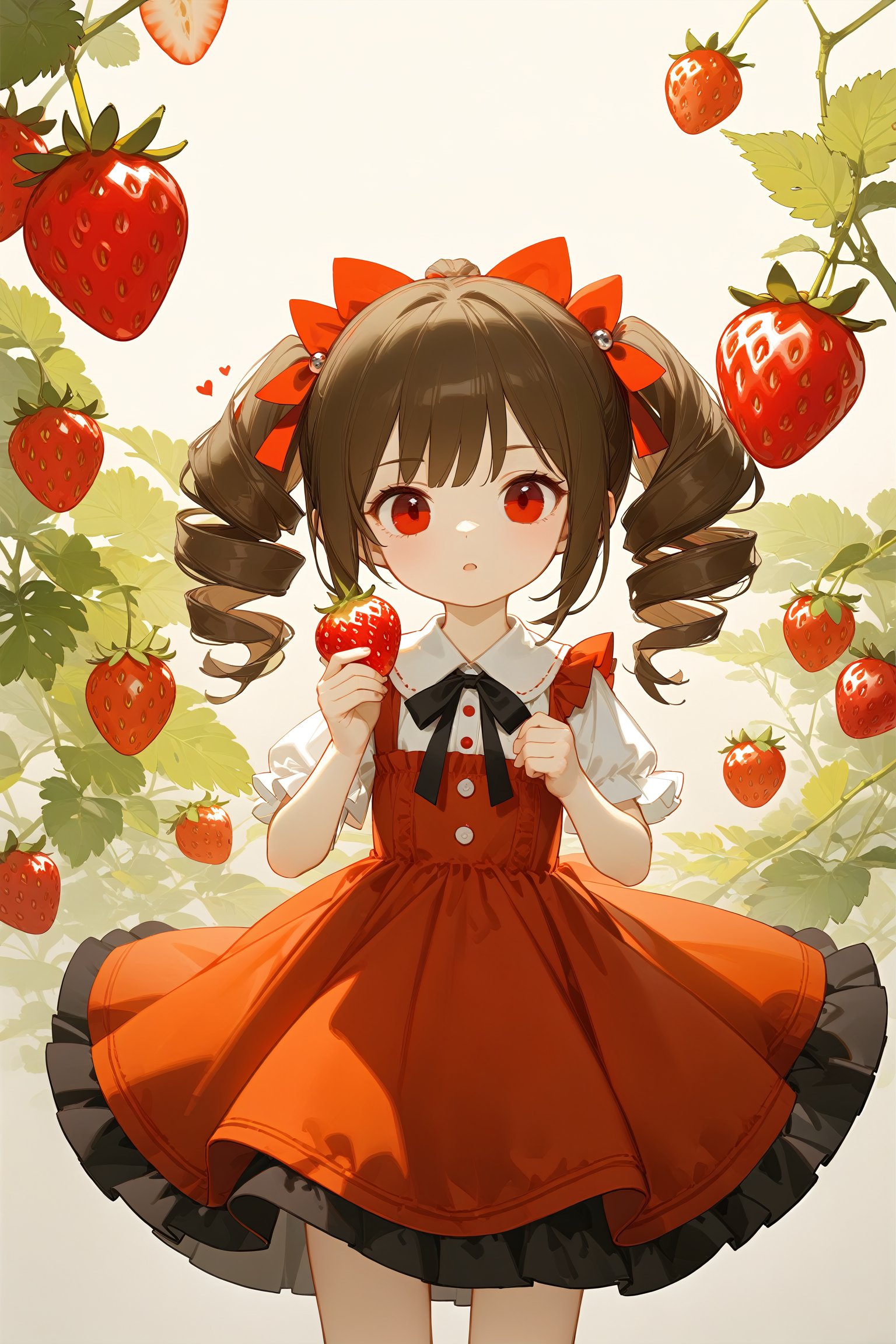 artist:ciloranko,artist:chenbin,artist:tianliang duohe fangdongye,1girl,solo,food,fruit,strawberry,brown hair,drill hair,long hair,red eyes,ribbon,hair ornament,dress,looking at viewer,twin drills,heart,