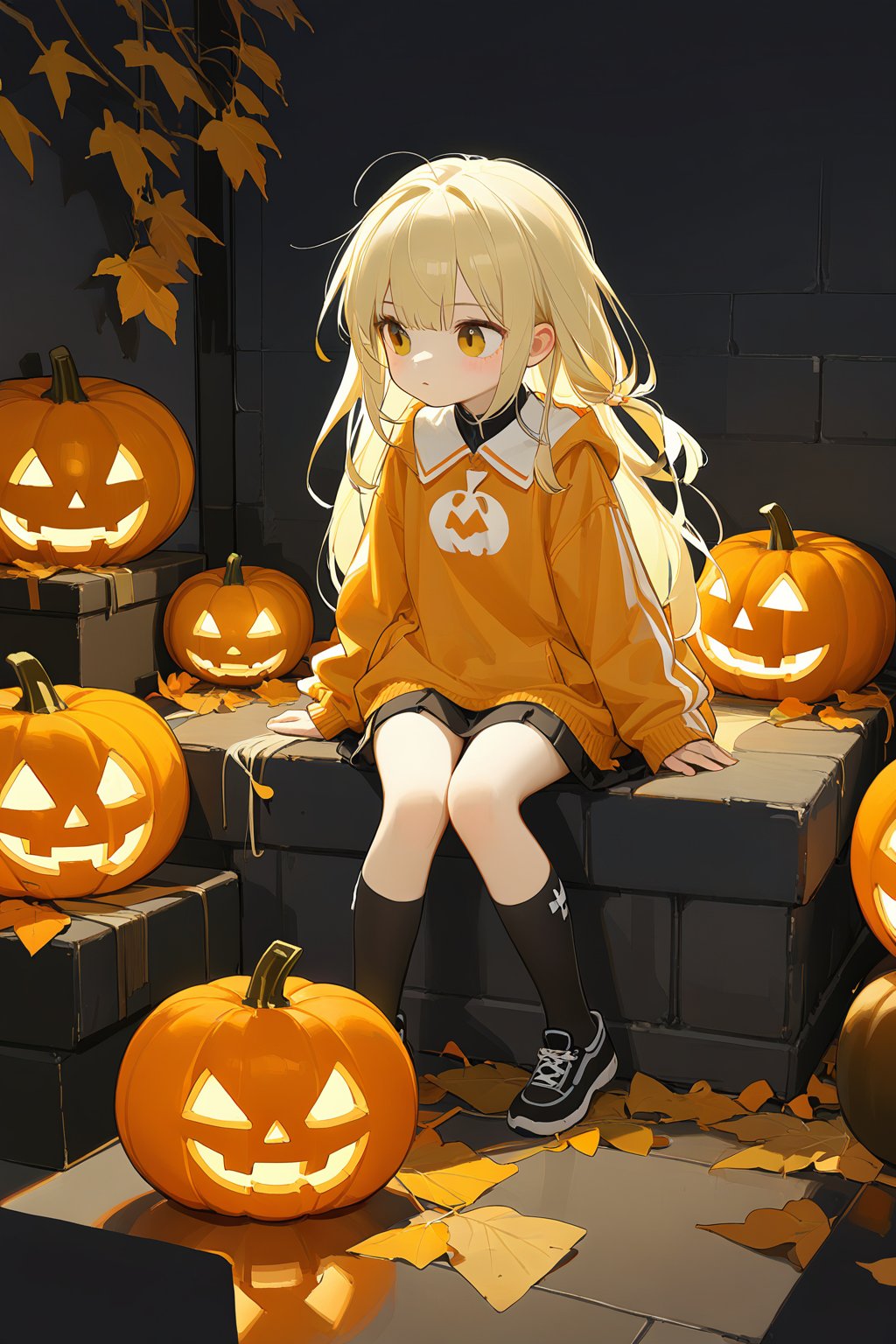 artist:ciloranko,artist:chenbin,artist:tianliang duohe fangdongye,bright outline,,1girl, solo, long_hair, blonde_hair, sitting, socks, pumpkin, lantern