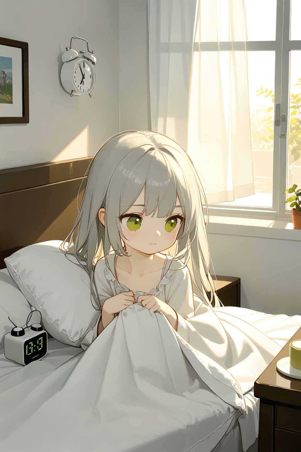 artist:ciloranko,artist:chenbin,artist:tianliang duohe fangdongye,loli,1girl,clock,solo,alarm clock,under covers,green eyes,bed,long hair,pillow,indoors,sunlight,curtains,pajamas,grey hair,blanket,window,collarbone,bangs,