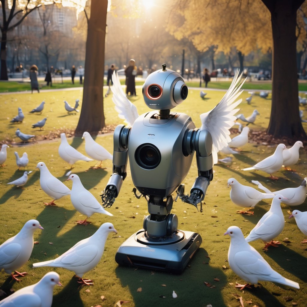 a stunning analog photograph of a birdfeeding android robot surrounded by doves in a beautiful city park in the late afternoon