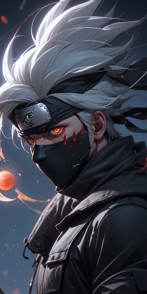 white spiky hair, both eyes open, sharingan on, mask on, head band off, blood moon, off white brand cloths