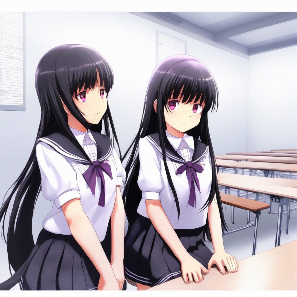 (masterpiece, best quality:1.2), 2girl, solo, homura, white background, simple background, school uniform, extremely detailed
