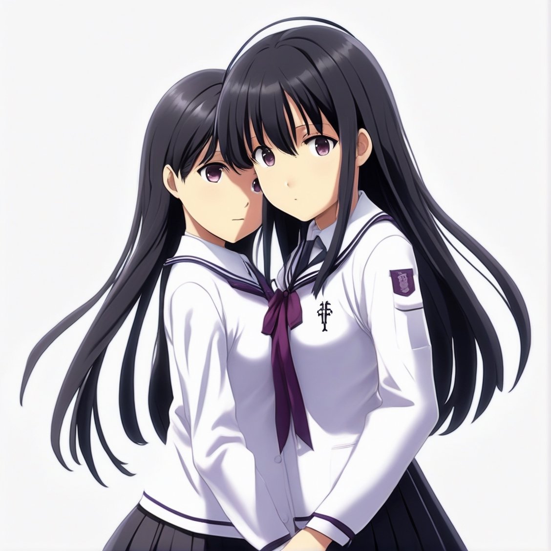 (masterpiece, best quality:1.2), 2girl, solo, homura, white background, simple background, school uniform, extremely detailed
