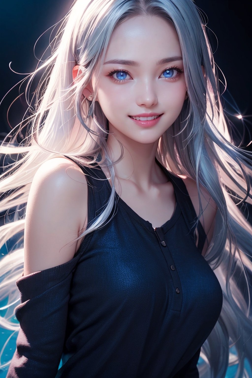 photorealistic, photo with black background, high resolution, laugh, 1 woman, shiny skin, alone, pink lips, long silver hair, ((blue eyes)), smile looking at the photographer, 4k, ph mai, HD