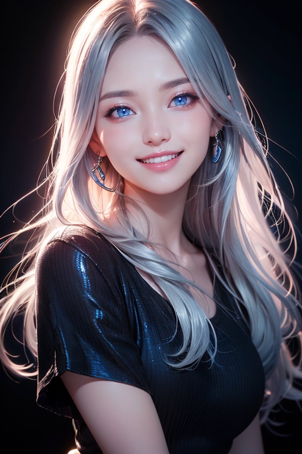 photorealistic, photo with black background, high resolution, laugh, 1 woman, shiny skin, alone, pink lips, long silver hair, ((blue eyes)), smile looking at the photographer, 4k, ph mai, HD