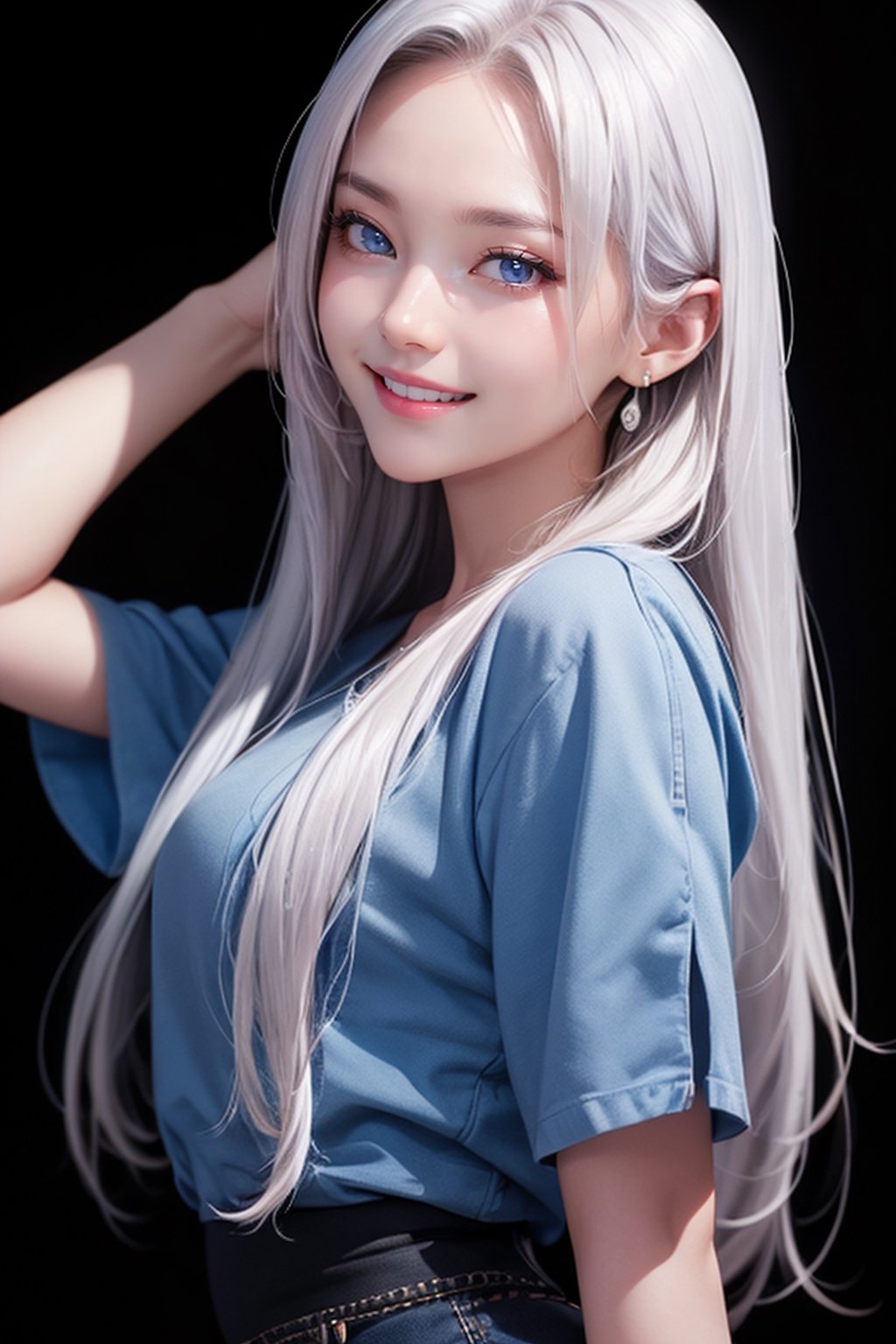 photorealistic, photo with black background, high resolution, laugh, 1 woman, shiny skin, alone, pink lips, long silver hair, ((blue eyes)), smile looking at the photographer, 4k, ph mai, HD