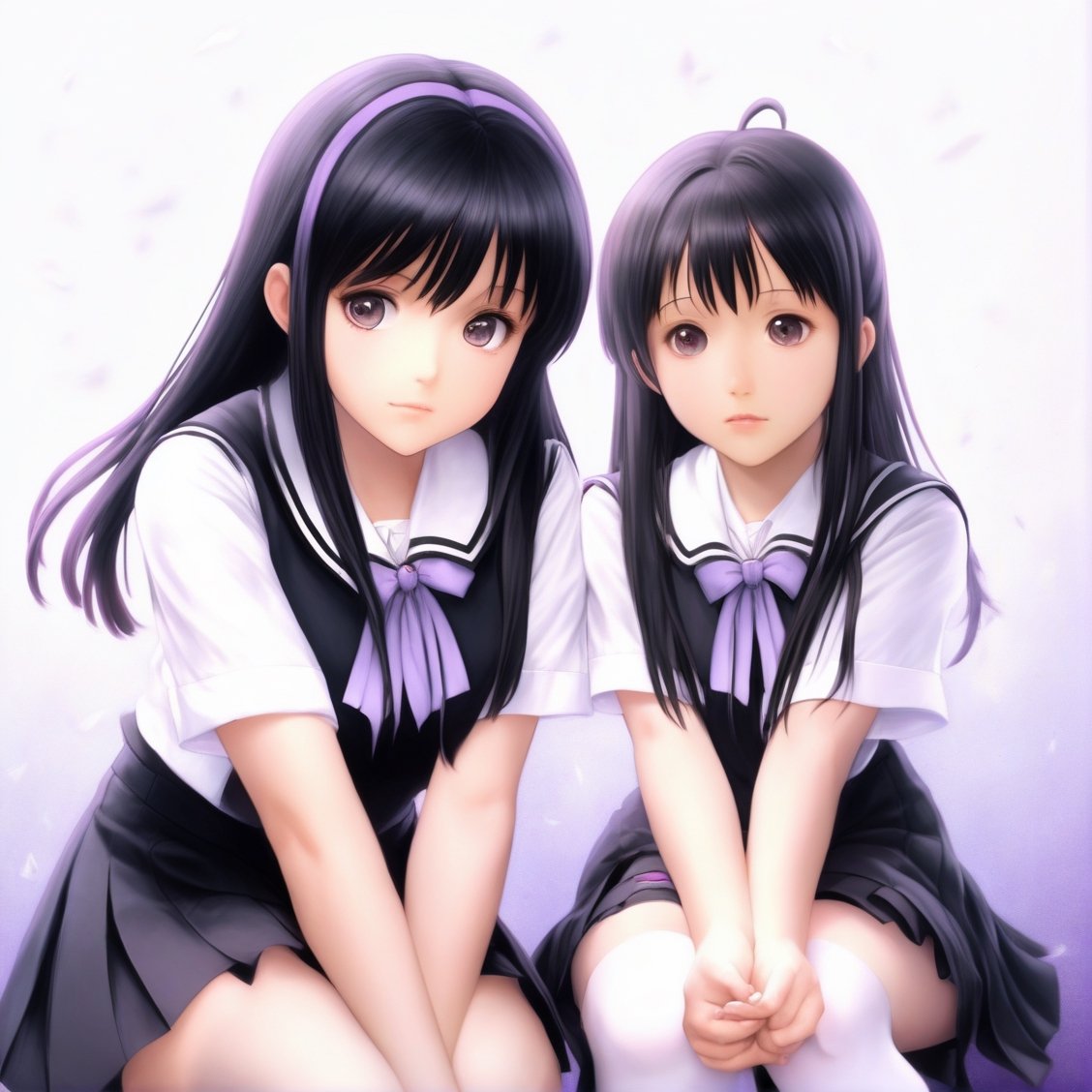 (masterpiece, best quality:1.2), 2girl, solo, homura, white background, simple background, school uniform, extremely detailed
