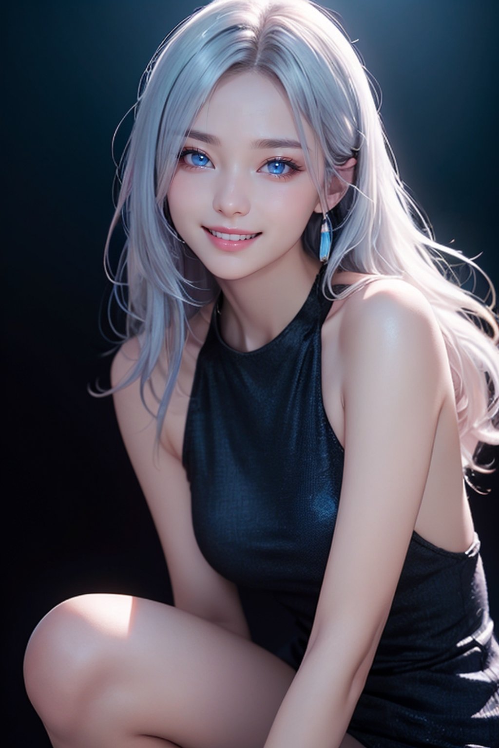 photorealistic, photo with black background, high resolution, laugh, 1 woman, shiny skin, alone, pink lips, long silver hair, ((blue eyes)), smile looking at the photographer, 4k, ph mai, HD