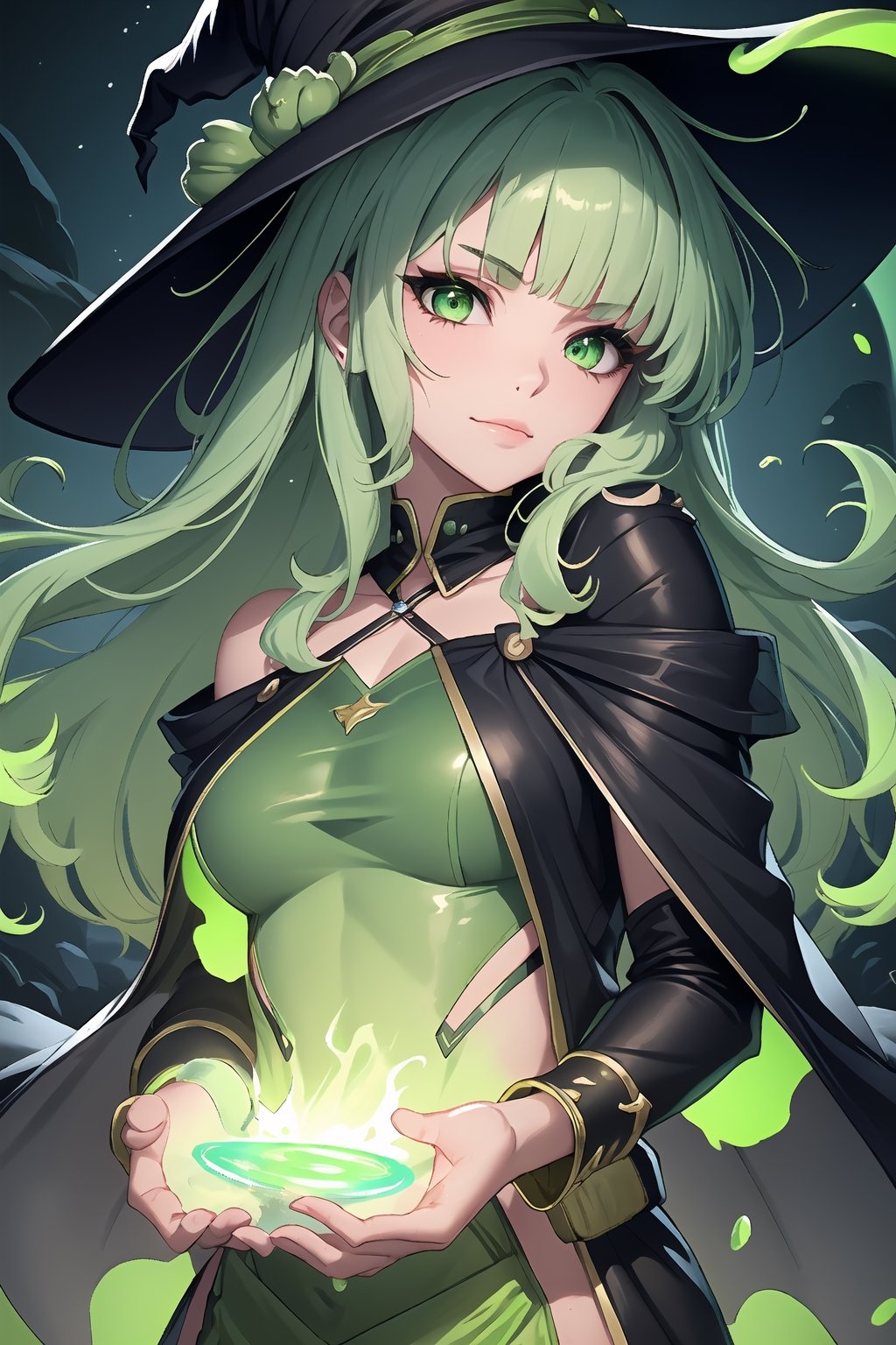 1girl, messy hair, dark green hair, neon green eyes, beautiful face, beautiful skin, beautiful body, wind Magic caster girl, witch dark green clothes, bioluminescent tones, vivid colors, acid rain, 8k, best quality, ultra sharp focus, green slime, casting, green eyes