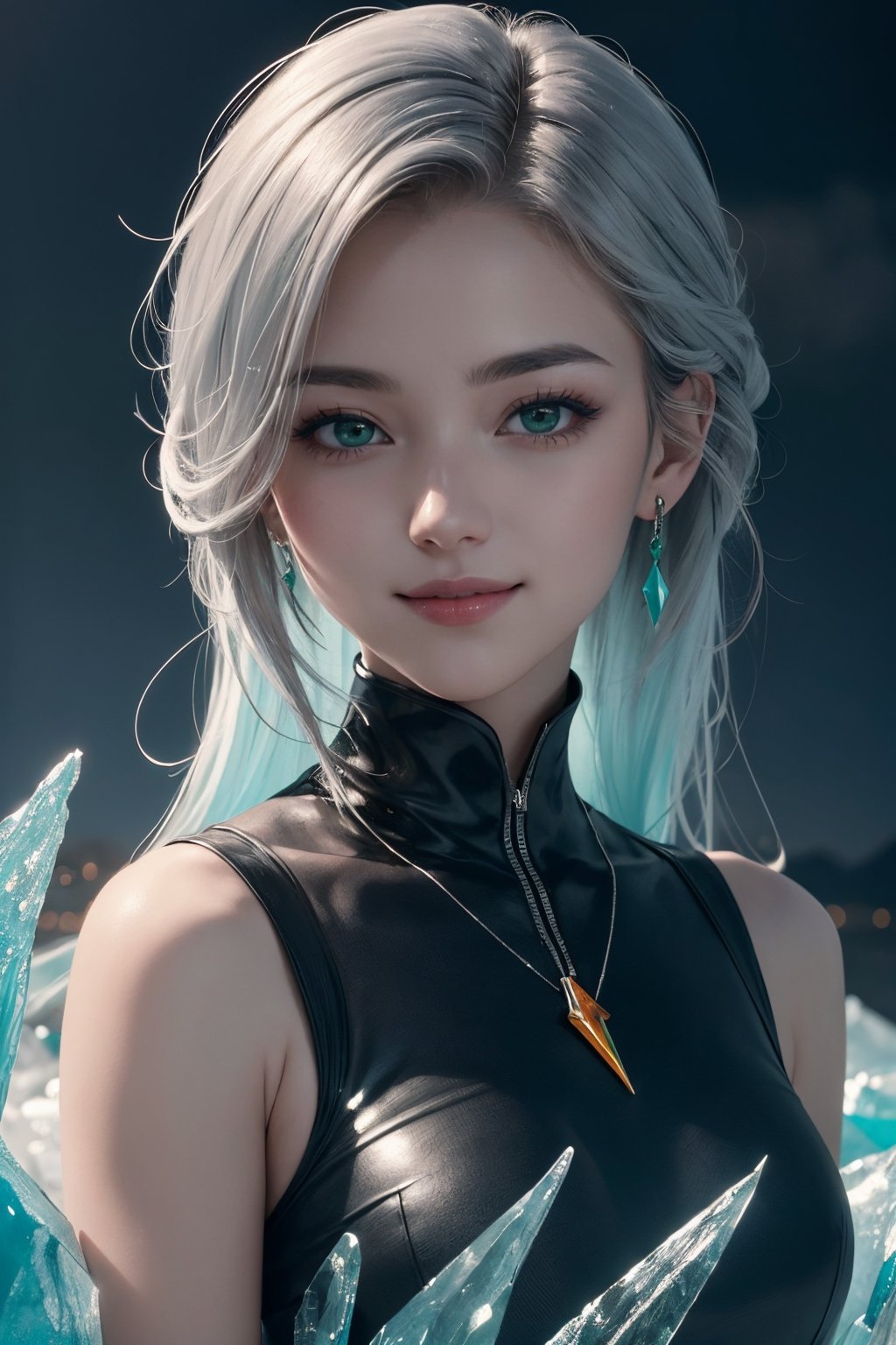 master piece,
best quality,
1girl,
a red,
white and green portrait of someone,
in the style of dark black and light aquamarine,
emphasis on character design,
background dark silver and amber,
seductive smile,
beautiful and aesthetic:1.2),
extreme detailed,
ice,
lightning,
scenery,
ink