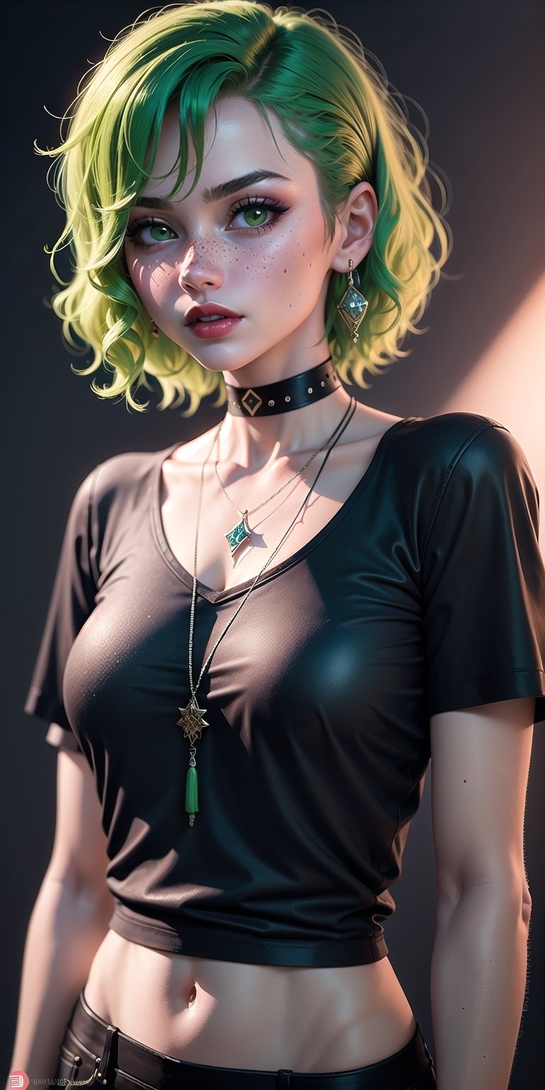 masterpiece, best quality, 3d rending work , 3DMM style, close-up, portrait, 3D, 1girl, solo, multicolored hair, green hair,light green hair, necklace, freckles, jewelry, two-tone hair, looking to the side, realistic, upper body, simple background, bangs, looking away, short hair,red lips, parted lips, green eyes, lips, gothic, choker, makeup, mole, black shirt, shirt, watermark 