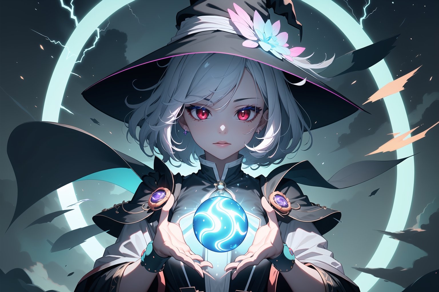 1girl, short hair, white hair, red eyes, beautiful face, beautiful skin, beautiful body, thunder Magic caster girl, witch purple clothes, neon tones, bioluminescent, thunders in sky 8k, best quality, ultra sharp focus, thunder orb ,Circle