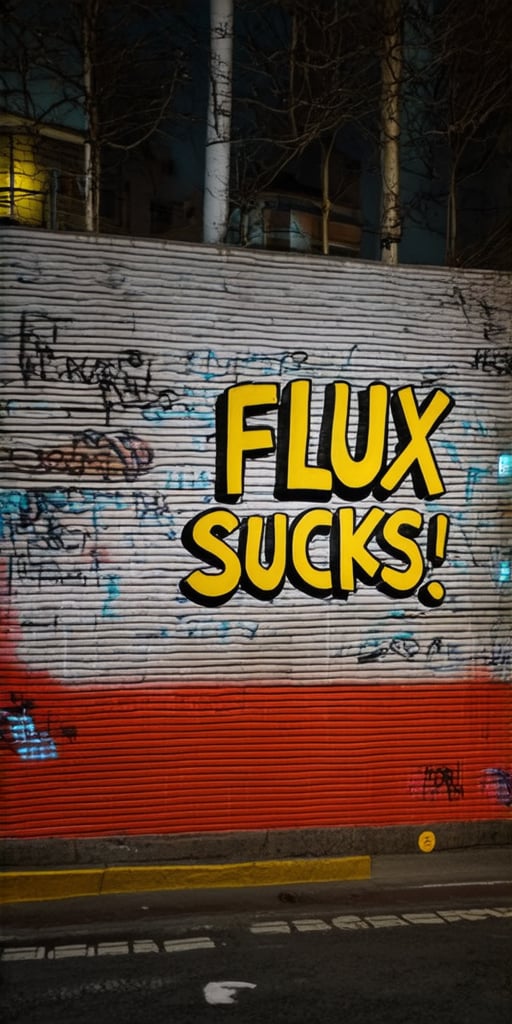 “Night photo of a wall in the city. On the wall  we see detailed graffiti, the graffiti text reads "FLUX Sucks!".”,text say's