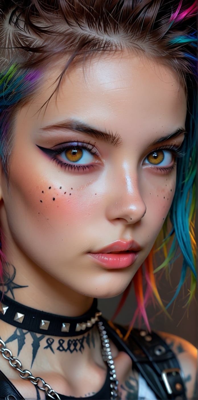 "Misterious beauty" (Misterious mood Soft Lighting art), Aesthetic, medium_up portrait, Masterpiece, best quality, 
a beautiful punk girl, stunning dark-brown eyes, photorealistic, hyperrealistic, Gothic girl, colorful punk hair, perfect face close-up, photorealistic
