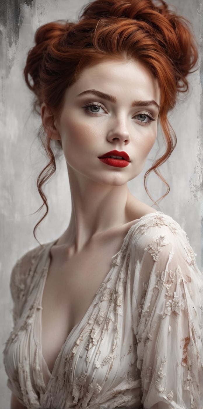 Beautiful elegant pale flat-chested woman with red auburn hair with long messy bun hair style exquisite and poetic beauty deep red lip and a elegant light orange dress with poetically beautiful style poetic black and white style background with poetic style