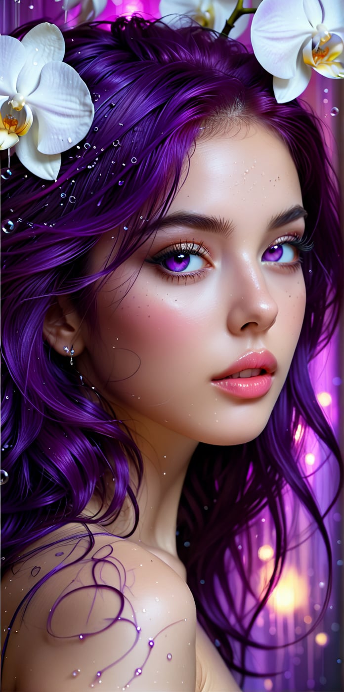 "Misterious beauty" (Misterious mood Soft Lighting art), Aesthetic, young beauty, face close-upportrait, side view, Masterpiece, best quality, 
BREAK
A mesmerizing portrait of a stunning girl with vibrant purple hair and piercing ruby eyes, her full figure radiating confidence as she gazes directly at the viewer from amidst a swirling vortex of inky stars. The air is filled with dynamic movement, as if passion itself has taken physical form, pouring forth like ink rain. In the background, very many beautiful orchids, delicate bubbles of ink suspend, adding an air of whimsy to this masterfully crafted digital artwork, showcasing the artist's exceptional skill and attention to detail.
