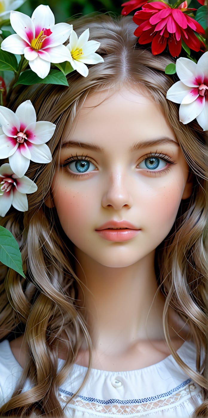 
A hot sexy stunning photorealistic portrait of a breathtakingly beautiful girl gazes directly into the camera's lens from a tight, close-up shot. Her porcelain doll-like complexion and luscious locks are set against a lush backdrop of ancient flowers in full bloom within a serene garden, as if transported straight from a mythical realm.
