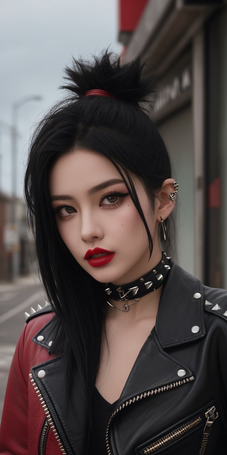 A close-up shot of a girl with punk-inspired style, her spiky black hair and ripped fishnets accentuating her rebellious attitude. Her bright red lipstick forms a bold 'X' shape on her cheek as she defiantly gazes directly into the camera lens, her leather jacket and safety pins completing her edgy ensemble against a gritty urban backdrop.