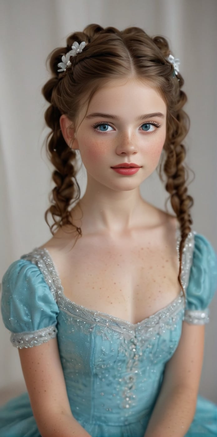 A serene young girl, with porcelain skin and luscious brown locks, sits peacefully in a medium shot. She wears a stunning turquoise dress, bedazzled with silver sequins and a show-stopping flower at its center. Her pigtails, adorned with delicate braids, frame her angelic face as she closes her eyes, slightly parted lips conveying contemplation. The stark white backdrop provides a striking contrast to her vibrant attire, while the red curtain to the left adds a bold pop of color.